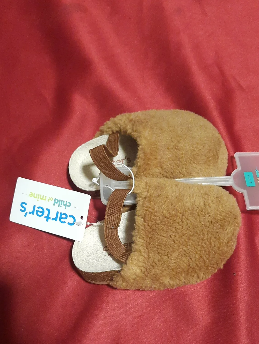 Carter's Brown Tan Faux Fur Baby Slippers with Elastic Strap